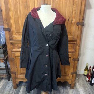 Rosegal Black Hooded Coat Burgundy Faux Fur Lined Hood Size L NWT